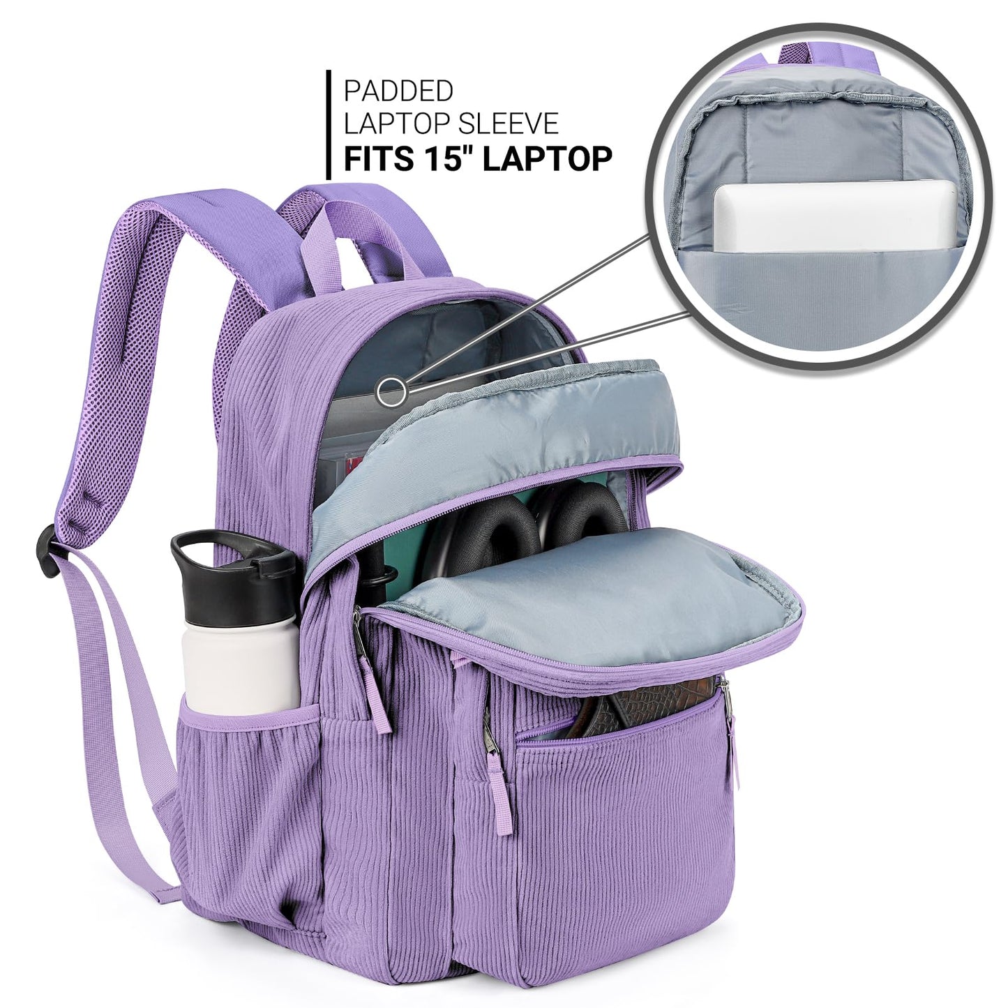 ZORFIN 26L Backpack for College, and Travel: Corduroy Bookbag - Deep Purple