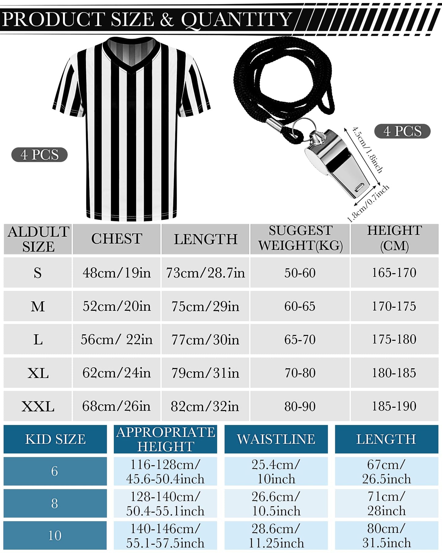 Sintege 4 Sets White and Black Soccer Referee Stripe Shirt with Whistle Official Referee Costume Shirt Football Umpire Jersey Halloween Costume for Adult(Adults X-Large)