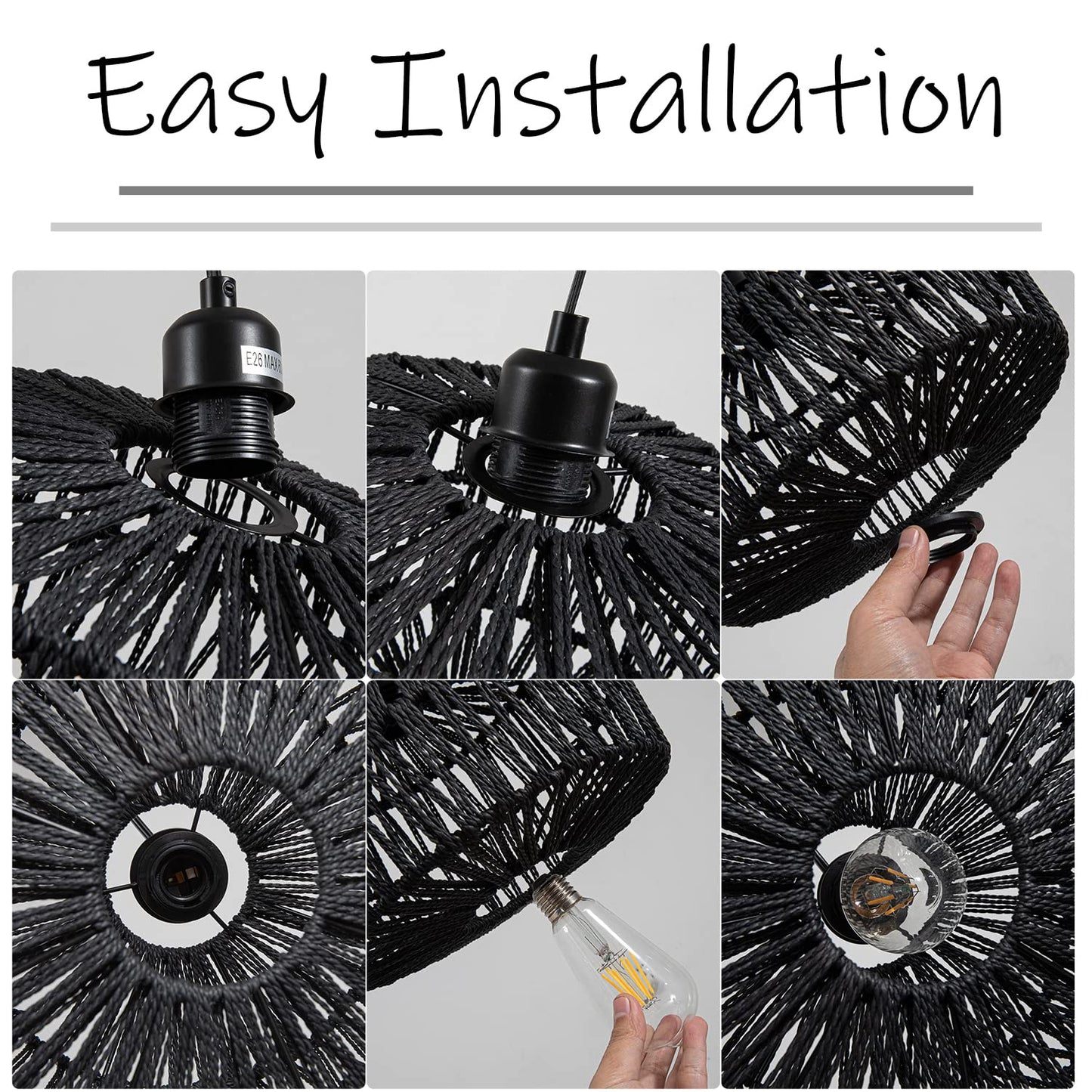 YongMing CL 11.42’’ Black Woven Plug in Pendant Light Fixture, Rustic Round Ceiling Hanging Light with Plug in Cord & On/Off Switch for Entry Bedroom Kitchen Island Living Dining Room Foyer