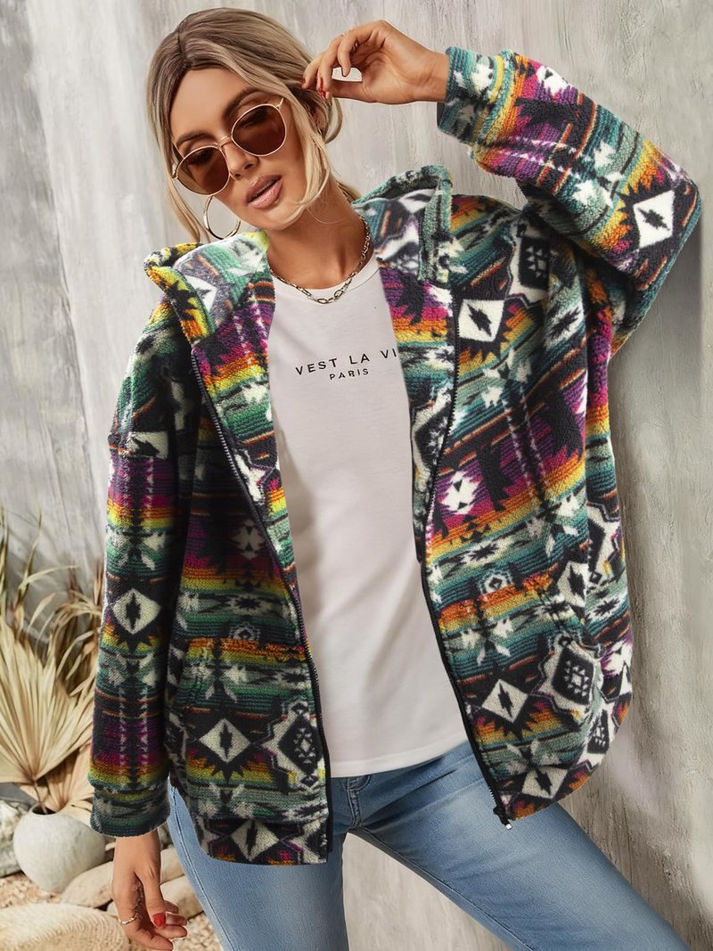 LUKYCILD Womens Western Aztec Print Zip up Hoodies Sweatshirt Sherpa Fleece Jacket Coat with Pockets Casual Warm Outwear