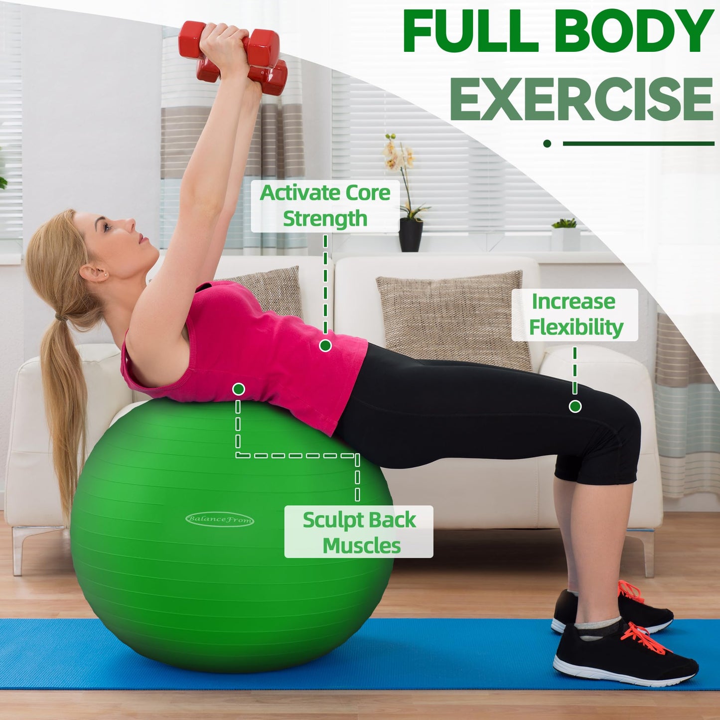 Fitvids Anti-Burst and Slip Resistant Exercise Ball Yoga Ball Fitness Ball Birthing Ball with Quick Pump, 2,000-Pound Capacity, Green, 26-inch, L