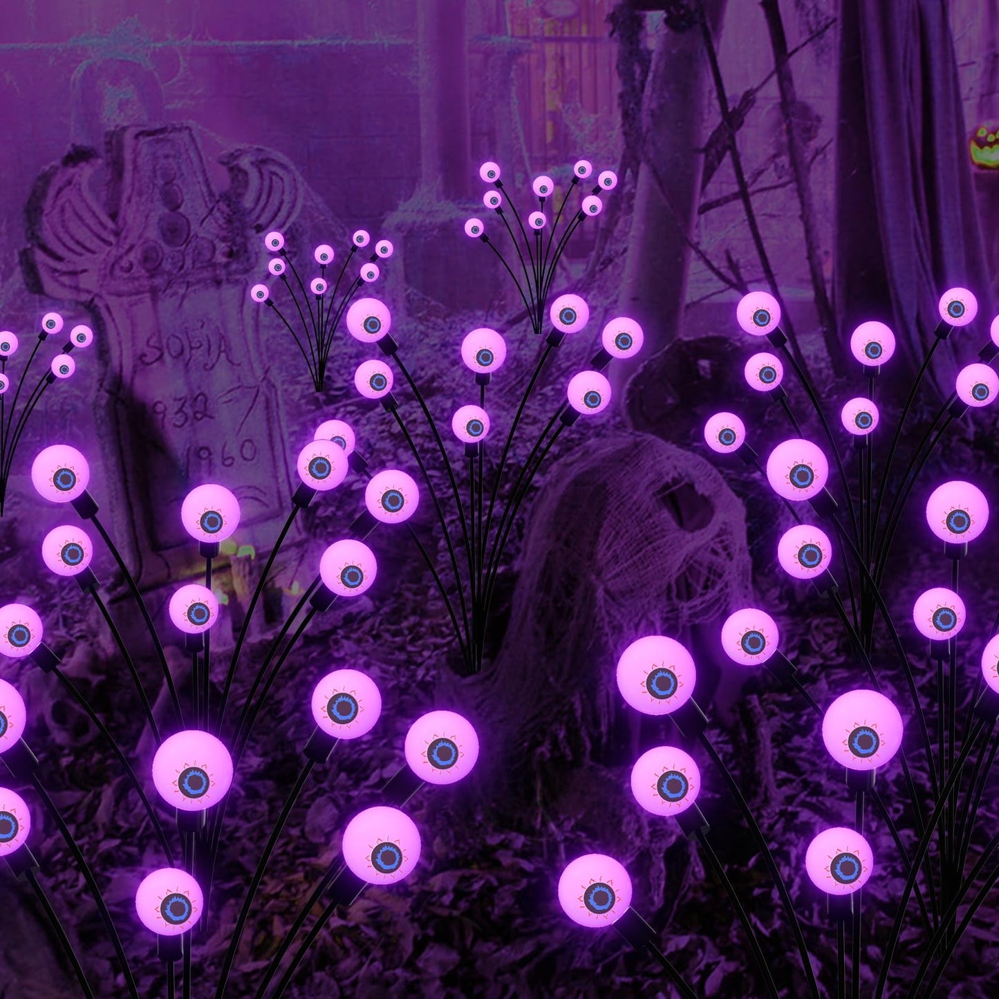 Outdoor Scary Eyeball Solar Garden Lights, 16 LED Swaying Decor, Waterproof Purple Halloween Lights for Yard & Lawn