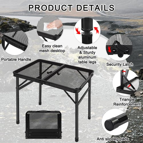 jkwokback Grill Table Camping Table Portable Folding Table,Height Adjustable Collapsible with Mesh Desktop,Lightweight Metal Table for Camp, BBQ, Picnic, RV, Outdoor Cooking, Travel