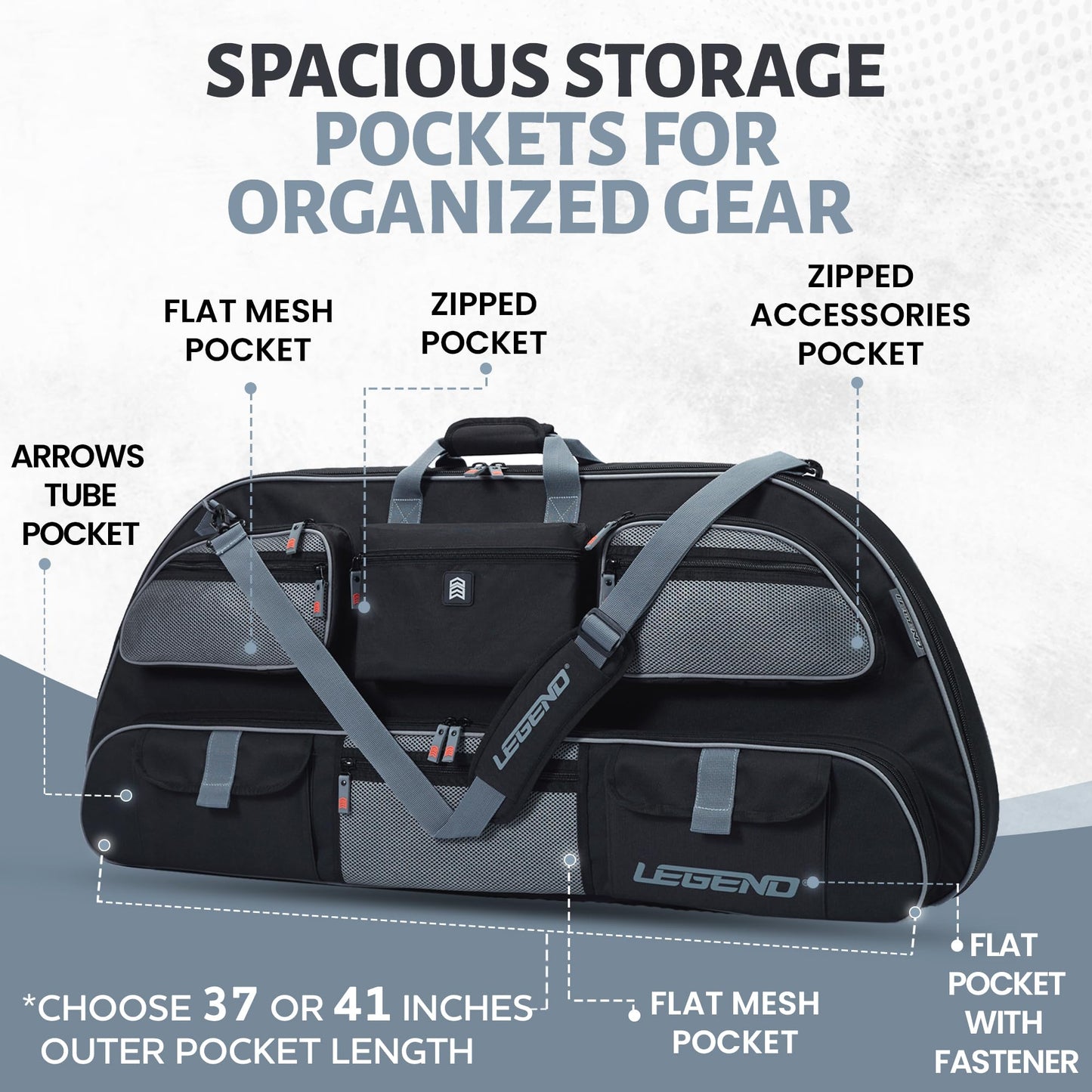 Legend Apollo Soft Bow Case for Compound Bow - Compound Bow Case with Multiple Storage & Foam Padding, Lightweight Bow and Arrow Case for Archery Accessories, Premium Bow Bag - 40" Black/Gray