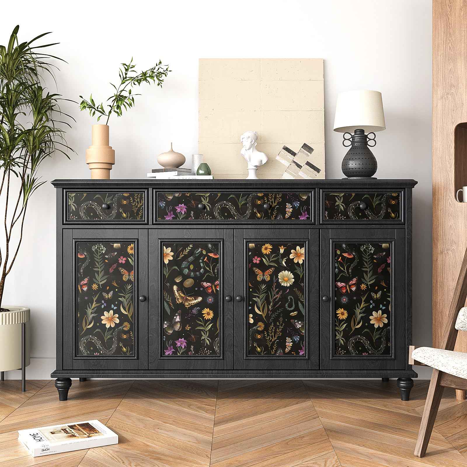 VEELIKE Midnight Forest Wallpaper Peel and Stick Snake Butterfly Floral Wallpaper for Bedroom Bathroom 17.7''x118'' Black Botanical Wall Mural Removable Self Adhesive Floral Contact Paper for Cabinets