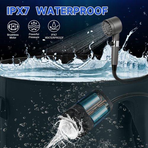 Rechargeable Camping Shower Pump, 9000mAh Portable Shower for Camping, 4 Sprayer Modes Electric Outdoor Shower Head IPX7 Waterproof USB Battery Powered Kit with 5 Gallon Bucket&Foot Pad (Blue)