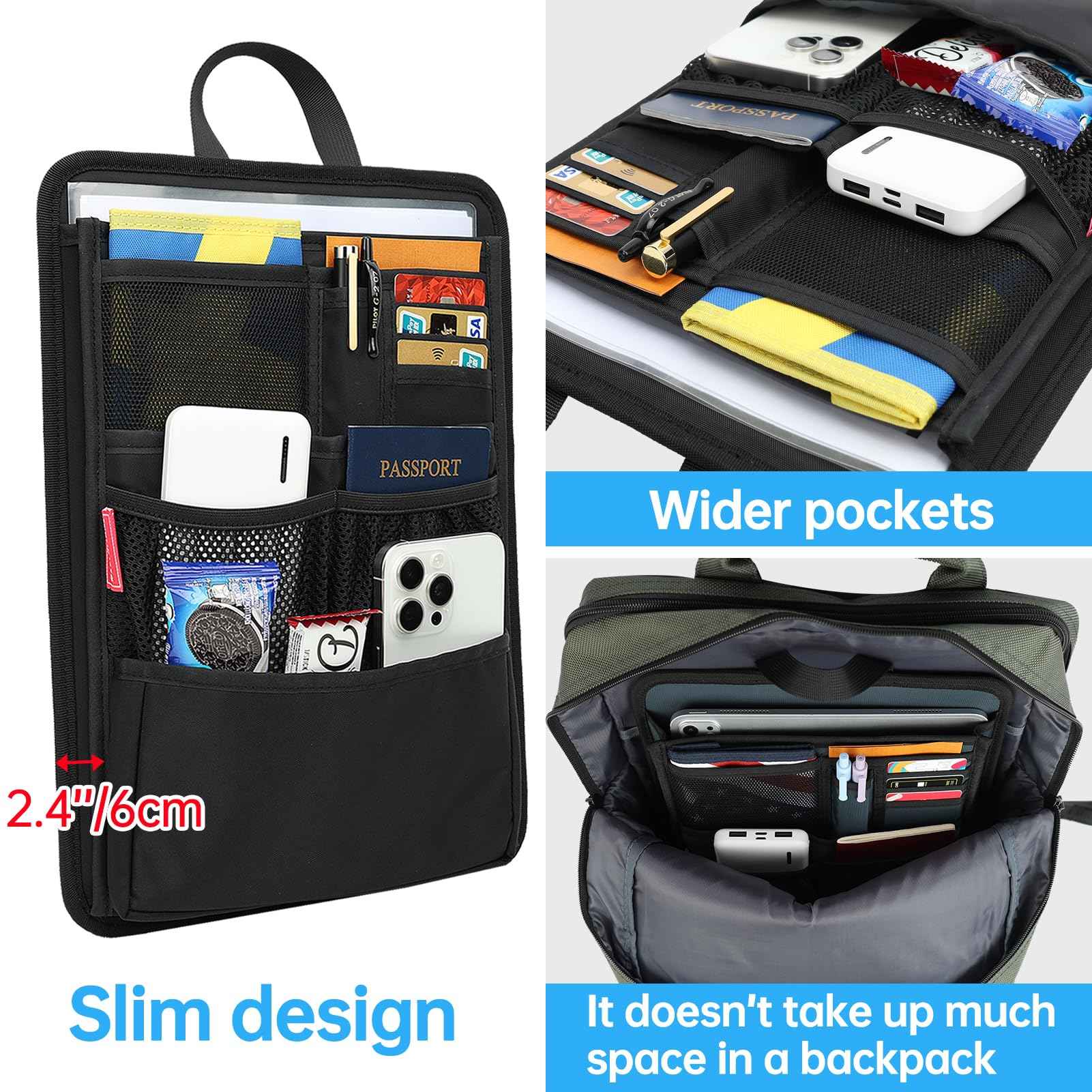 DELTAMANN Slim Rugged Backpack Organizer Insert for Business Casual Men Women -13 Pockets,Padded Nylon,Max 14'' laptop - Navy