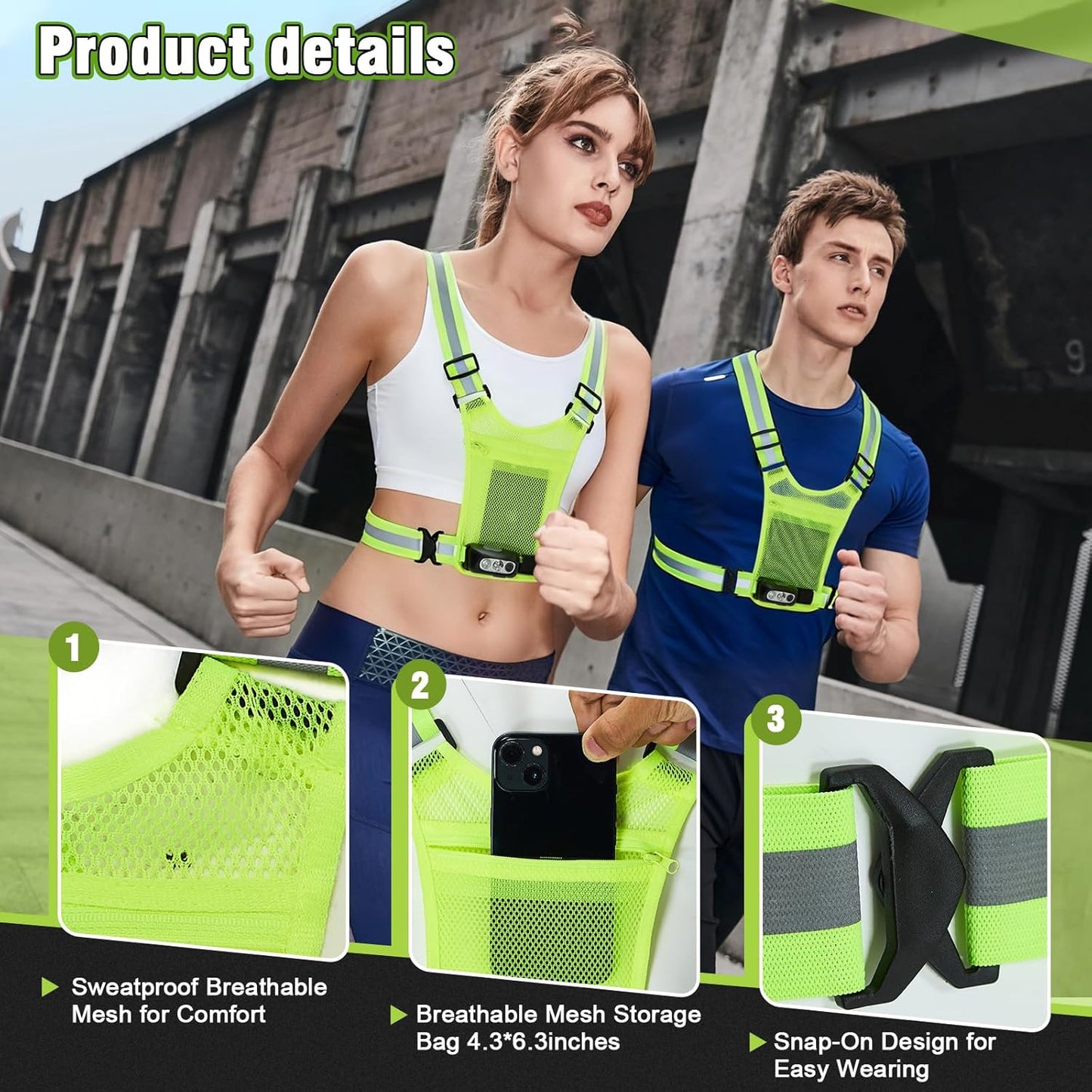 Skiennix Reflective Running Vest - 3-Mode Motion Sensor Lights | 360° Visibility & Storage Pocket (Green)