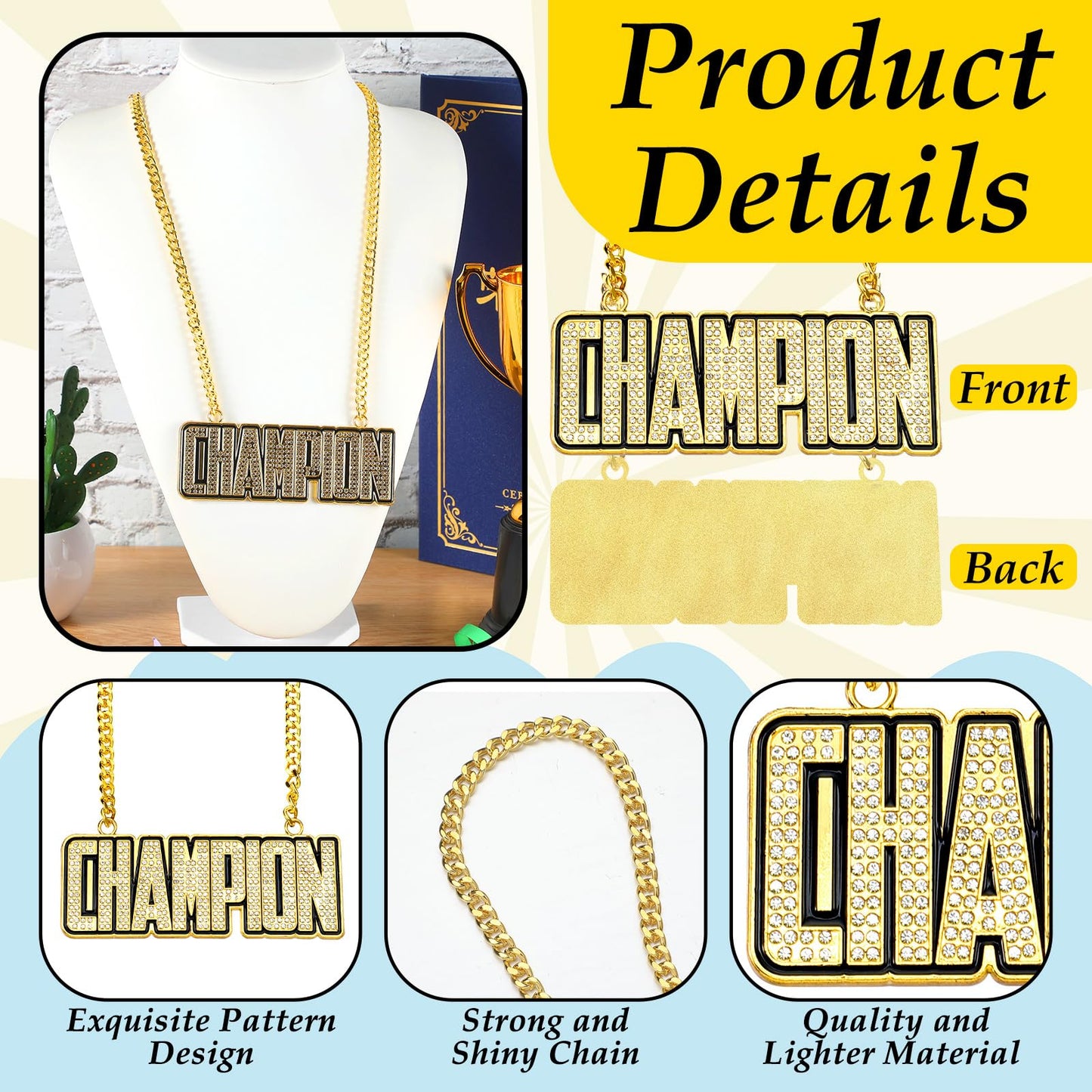 Cunno Champion Chains Medal Necklace MVP Chain Award Winner Prize Trophy Award Pendant for Team Fantasy Football Soccer Baseball Basketball Softball