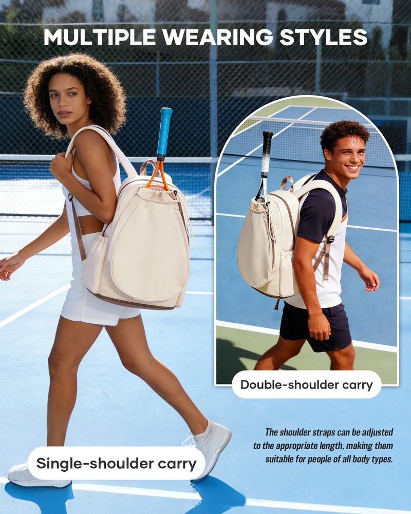 bergsalz Tennis & Pickleball Bag for Women Men, Fits 1 Racket or 2 Paddles, Lightweight Waterproof Tennis Backpack with Shoe Compartment & Wet Pocket For Training, Gym & Travel, Beige Brown
