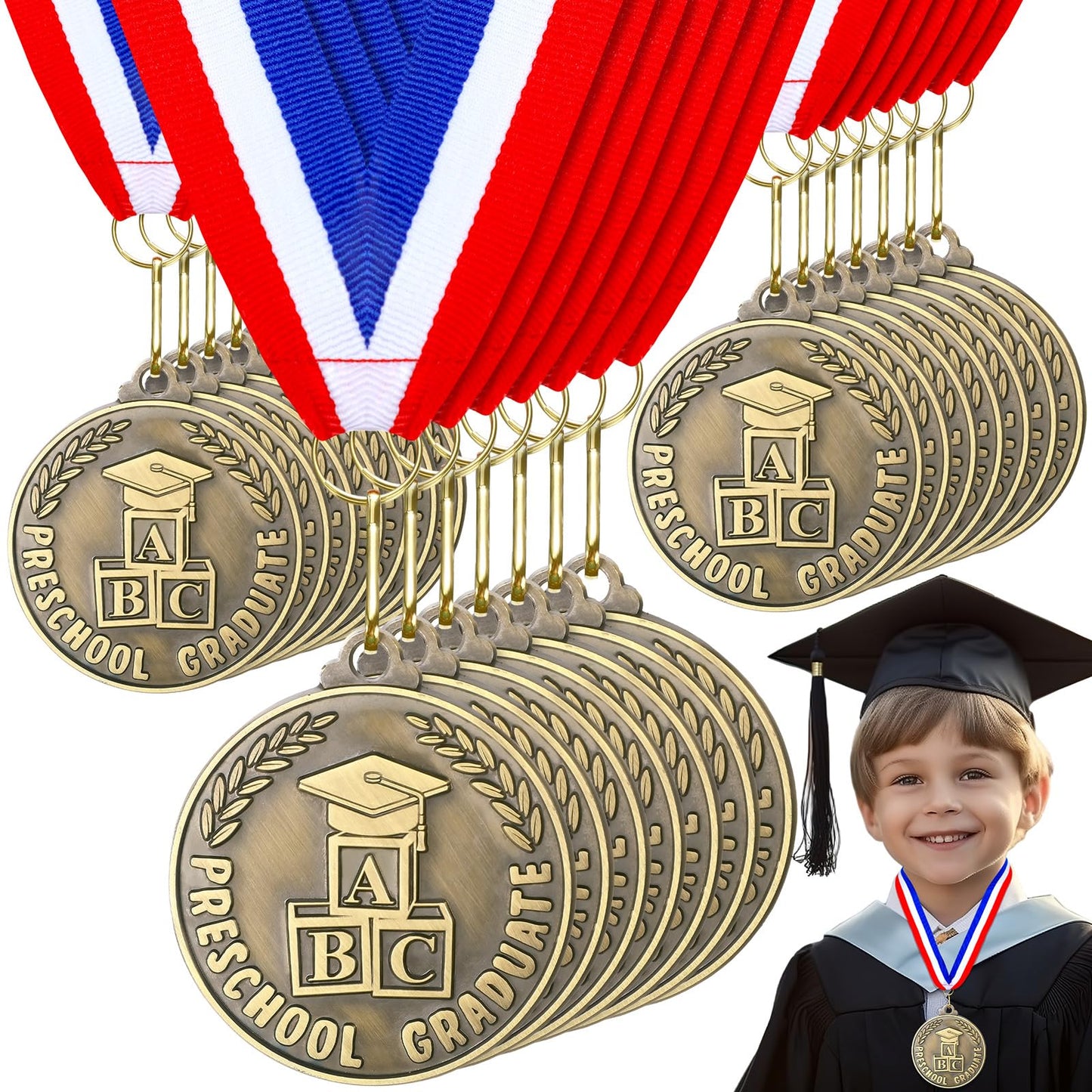 Remuuly 30/60 Pcs Kindergarten Graduation Award Medals for Kids 2'' Preschool Award Medallion with Neck Ribbon Congrats Graduation Gifts for School Student Party Favor(30 Pcs,ABC)