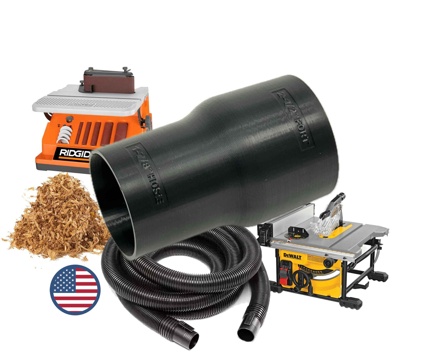 Hose Adapter for 2-1/2" Dust Collection Ports - Made in USA - Connects to Table Saw, Bandsaws, Spindle Sanders, Miter Saws, and other equipment (1-7/8" Hose)