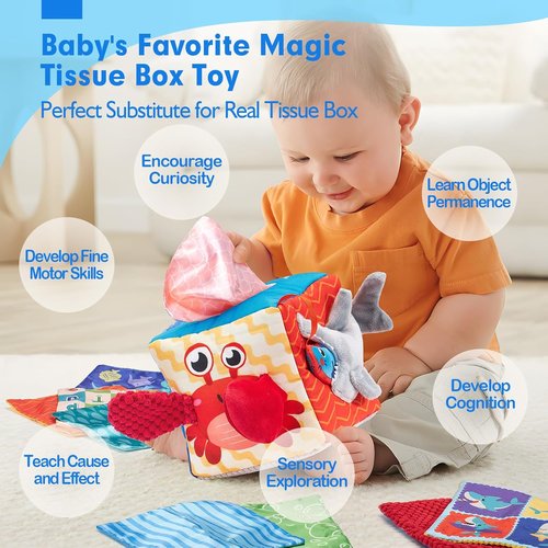 Hahaland Baby Tissue Box Toy - Montessori Sensory Toy for 6-12 Months | Textured Tails, Crinkle, Squeaky, Mirror