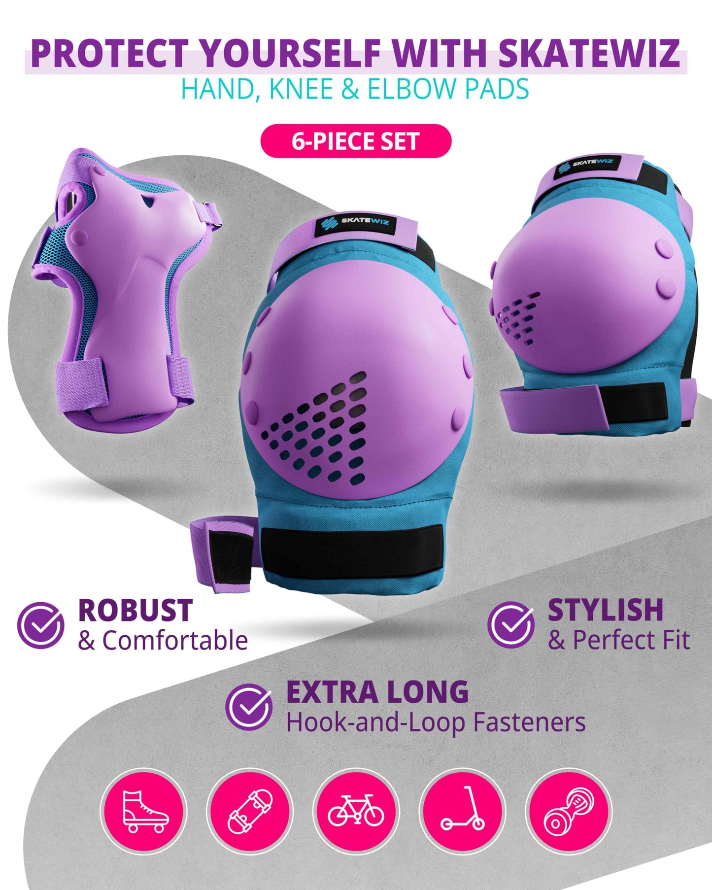 SKATEWIZ Kids Knee Pads and Elbow Pads Set - Wrist Guards for Skateboarding - Smash - Size M/L Blue Purple - Skating Protective Gear, Roller Skates, Skateboard - Ice Skating Kids