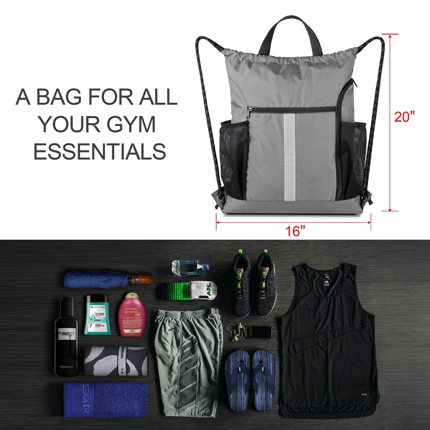 BeeGreen Grey Drawstring Bag Pack Gym Sackpack w Shoe Compartment Two Water Bottle Holder Portable String Sinch Sack for Gymnastic Athletic Beach Travel