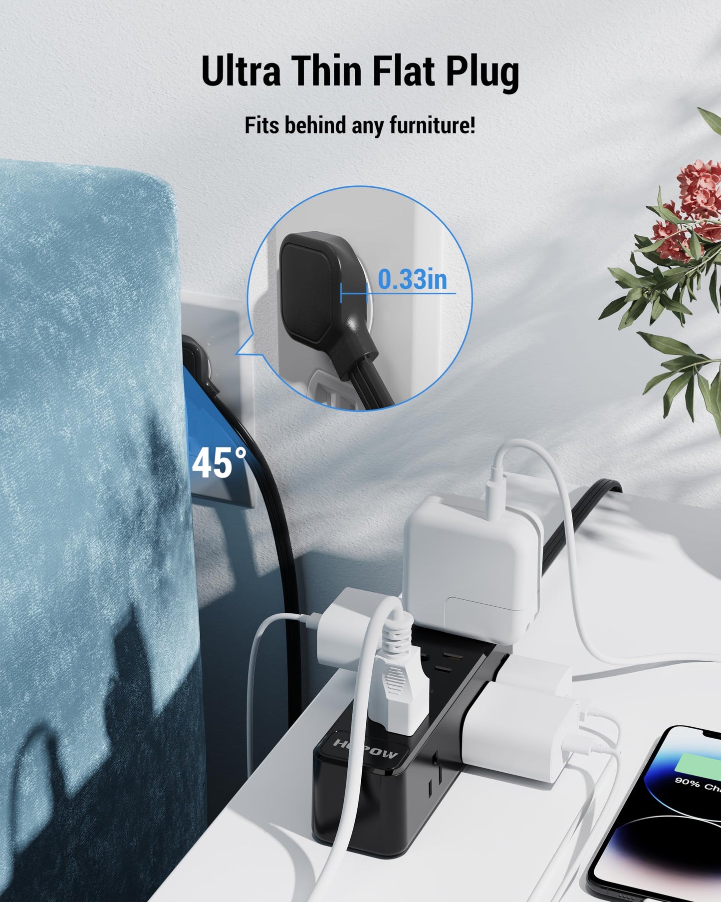 HOPOW Surge Protector Power Strip, 10 Ft Power Strip with 9 Widely AC Outlets, 1700 Joules, Wall Mount 3-Side, Ultra Thin Flat Plug Extension Cord for Travel Home Office College Dorm, Black