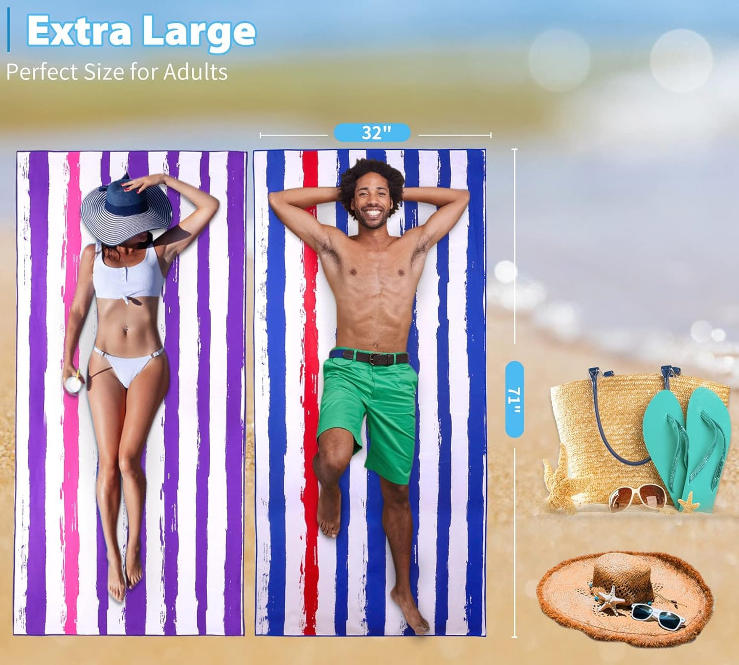 Skiennix Oversized Microfiber Beach Towels - XL Lightweight & Sand-Free | 71"x32" - Perfect for Travel & Yoga