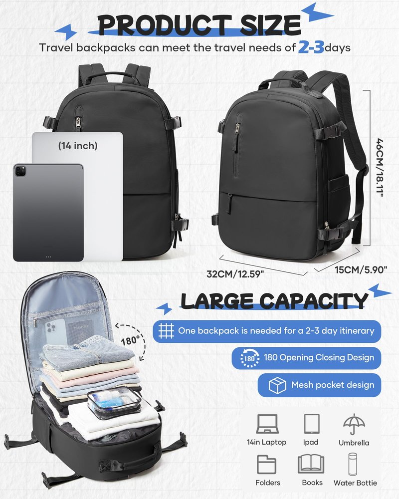 SEAFEW Black Vacuum Travel Backpack with Electric Pump, Carry on Backpack Flight Approved for Women, Casual Daypacks Cabin Bagage, Hiking Backpack Lightweight Rucksack with USB Charger