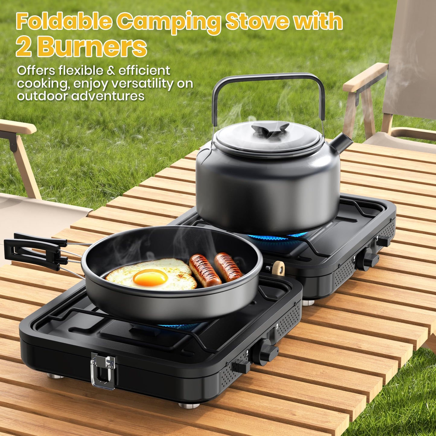 Camping Propane Stove 2 Burner 20000 BTU, Portable Folding Propane Stove with Carrying Bag, Adjustable High Heat Burners & Piezo Push-Button Instant Ignition,Outdoor Tailgating BBQ Camping Essentials