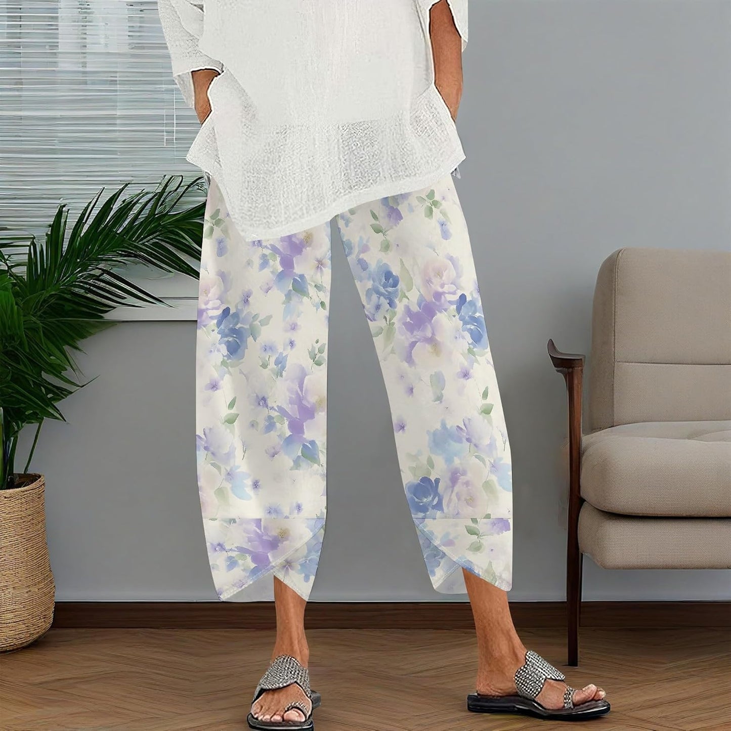 Skiennix Women's Cropped Pants - Lightweight Wide Leg Trousers with Elastic Waist & Pockets | Casual Beach Wear
