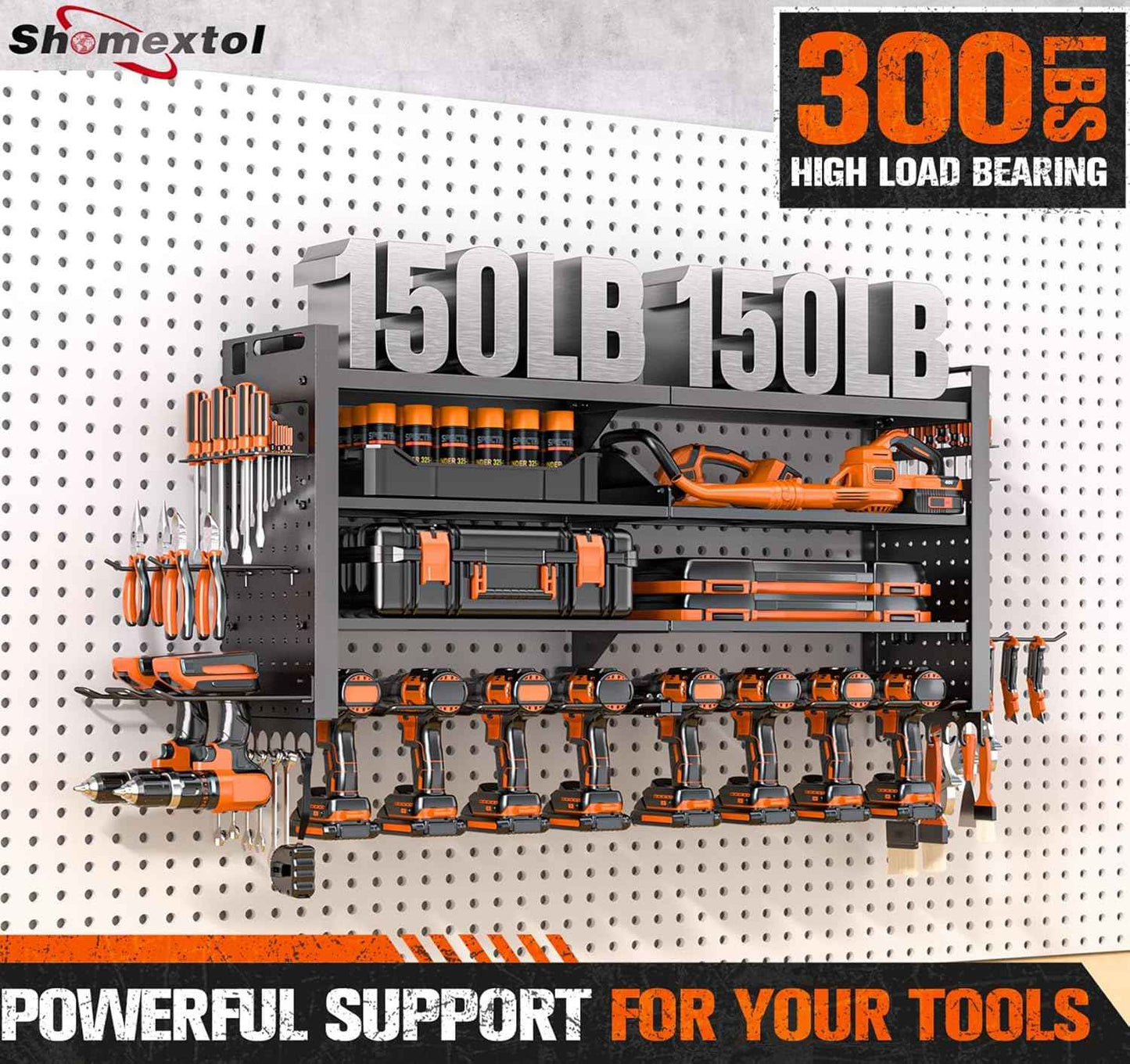 Heavy Duty Wall Mount Power Tool Organizer with Charging Station & 10 Drill Holders