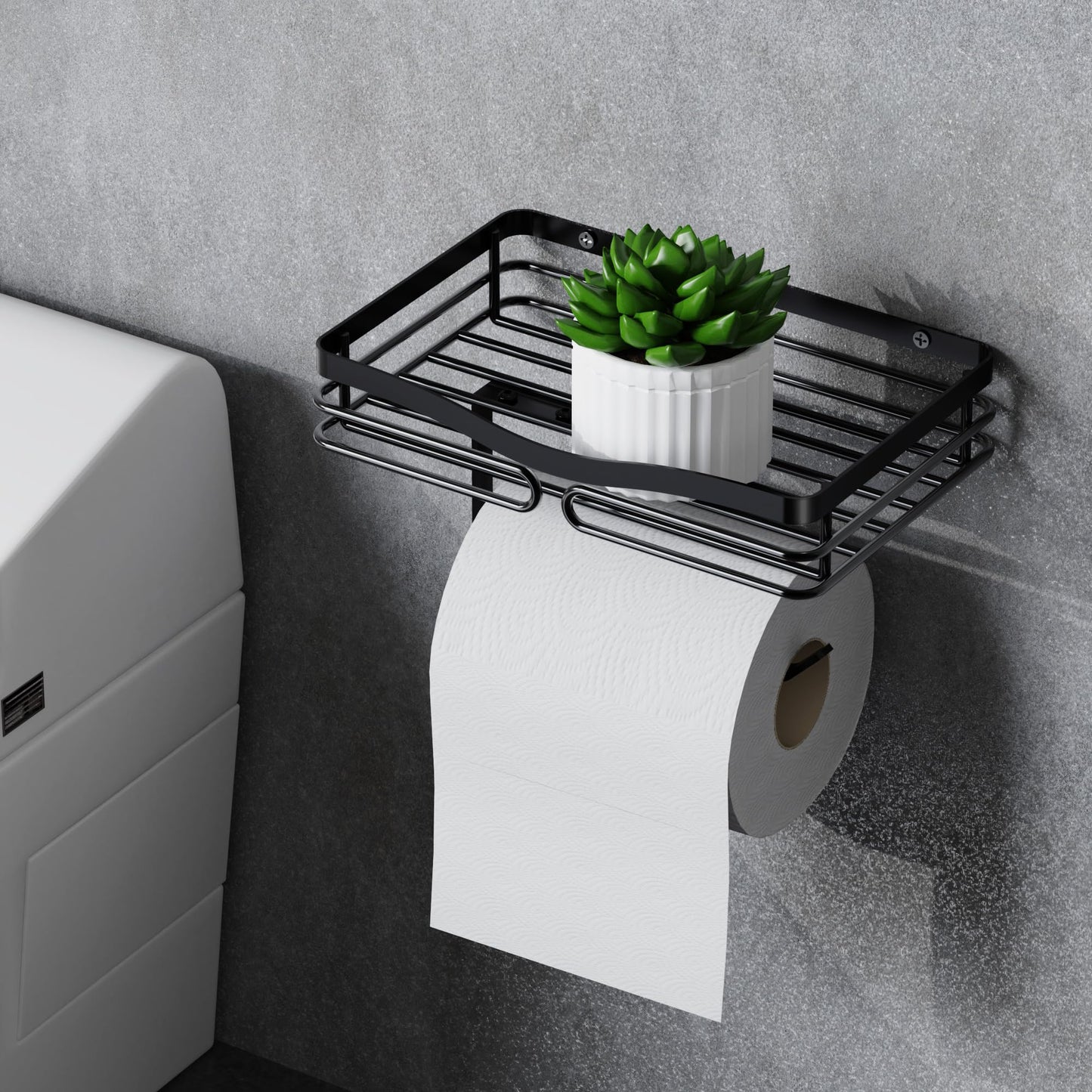 Adhesive Toilet Paper Holder Shelf - Wipes Storage Without Drilling, Stick on Toilet Paper Roll Holder, Waterproof Black