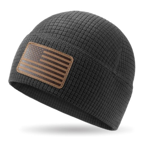 OUTDOOR SHAPING Grid Fleece Beanie with Leather American Flag Patch Waffle Tactical Army Military Skull Cap Black