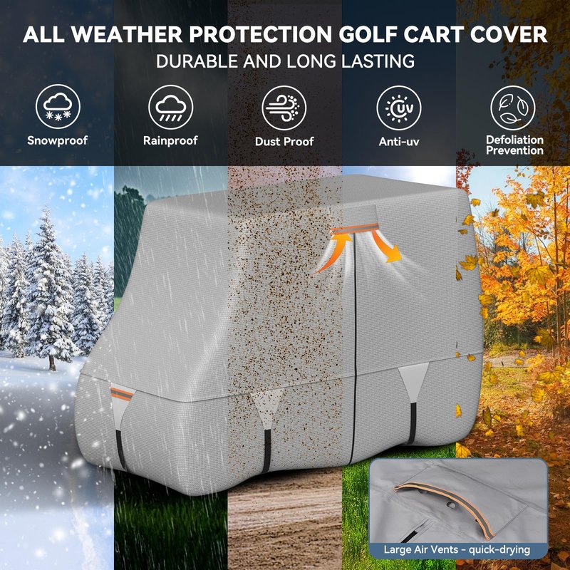 100% Waterproof 1200D Solution-Dyed Golf Cart Cover Universal Fit Yamaha,Honda,Club Car,EZGO and Most Brand Golf Cart for 2/2+2/4/4+2/6 Seats with Zipper Door,Storage Bag,Fit for 2+2/4 Passenger Cart