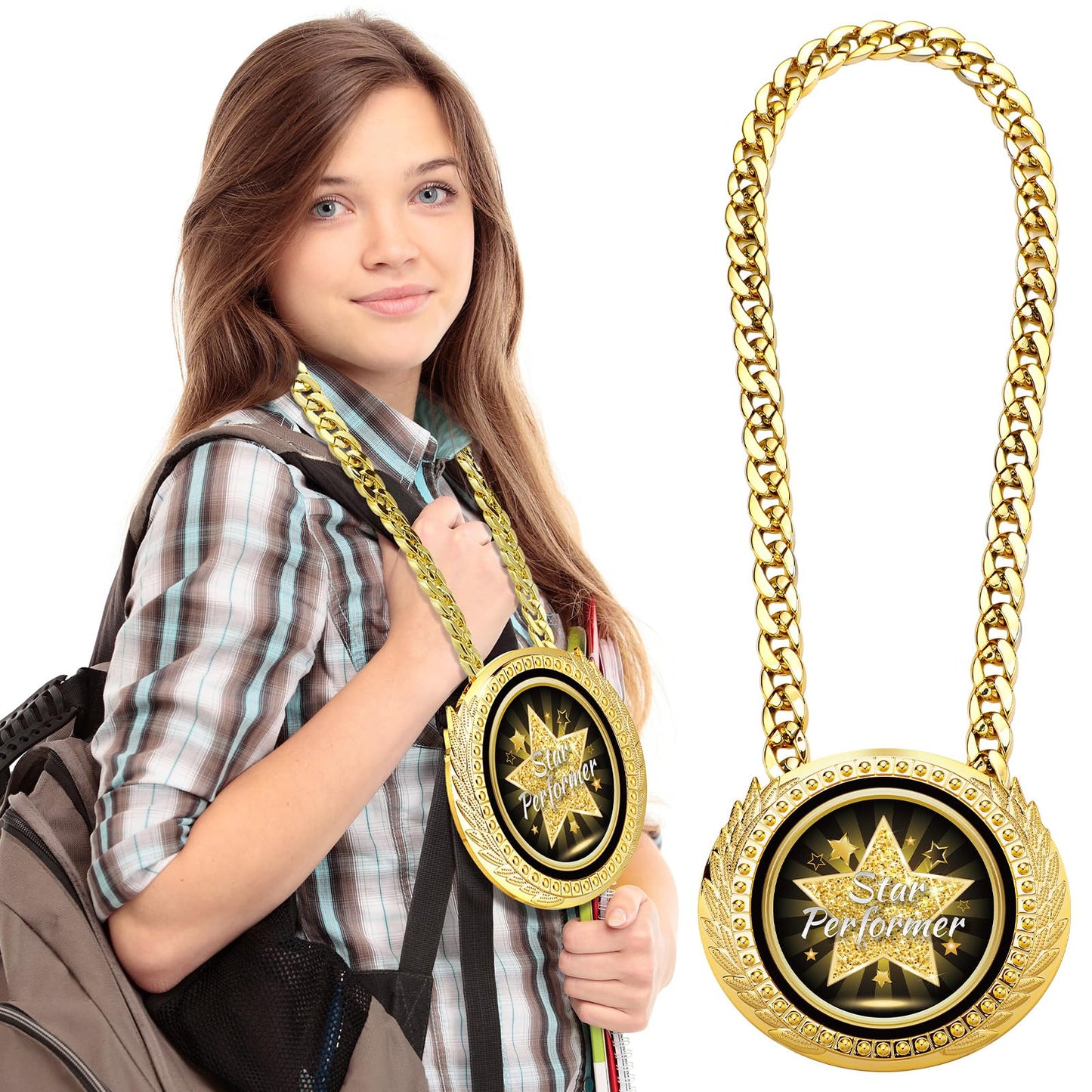 Tondiamo 6" Star Performer Gold Winner Award Medals Big Turnover Chain Medal Trophy Necklace for College Student High School Graduation Participation Competition(1 Pcs)