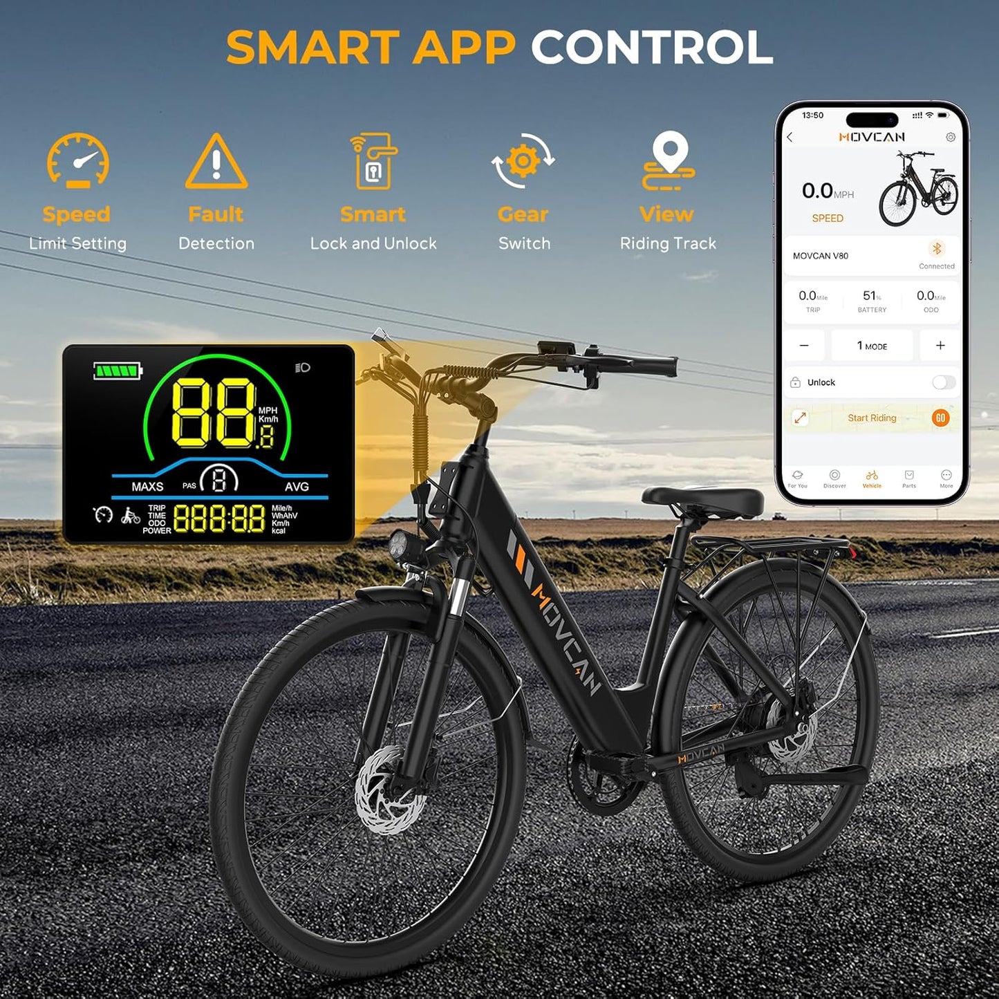 Movcan V80 Electric Bike - 1000W Motor, 28MPH City Cruiser | 48V 13Ah Battery, 70 Miles Range, 7-Speed