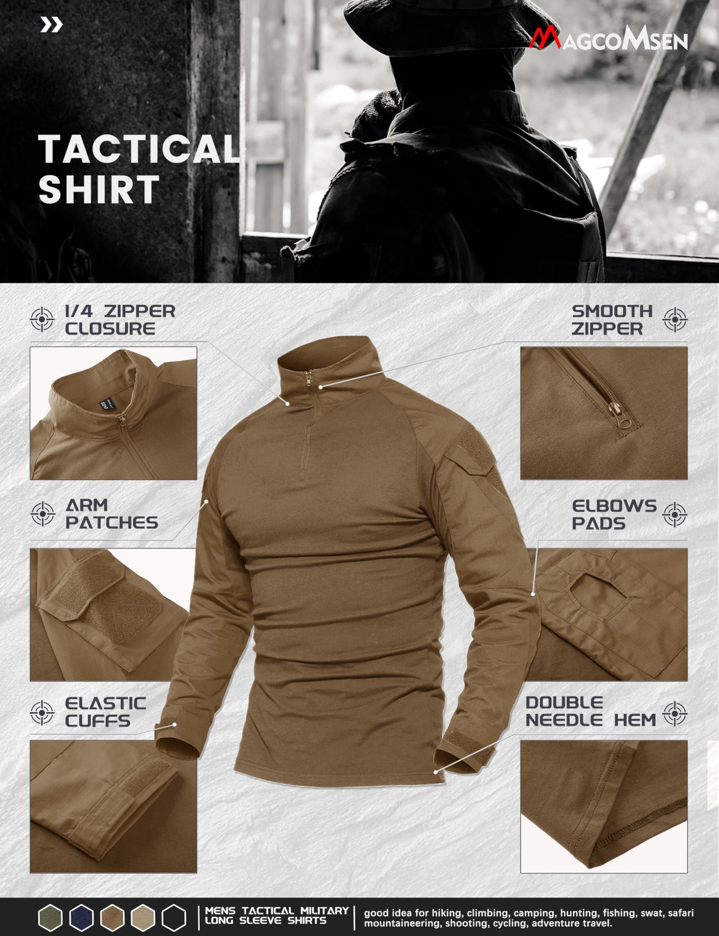 MAGCOMSEN Combat Shirt Men Long Sleeve Tactical Hiking Hunting Fishing Work Shirt Brown
