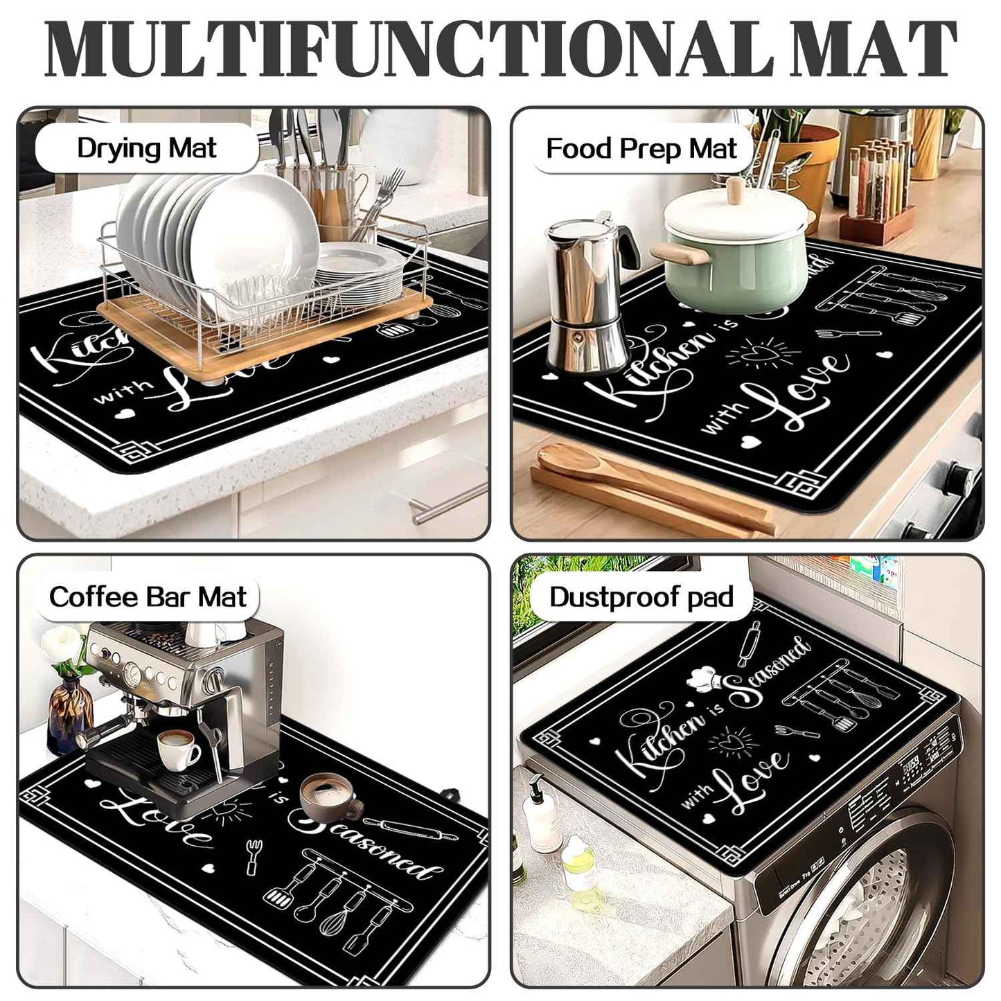 Black Stove Cover, Kitchen is Seasoned with Love Heat Resistant Glass Top Stove Cover Protector 28x20 inch, Cooktop Cover for Kitchen, Ceramic Stove Top Dish Drying Mats