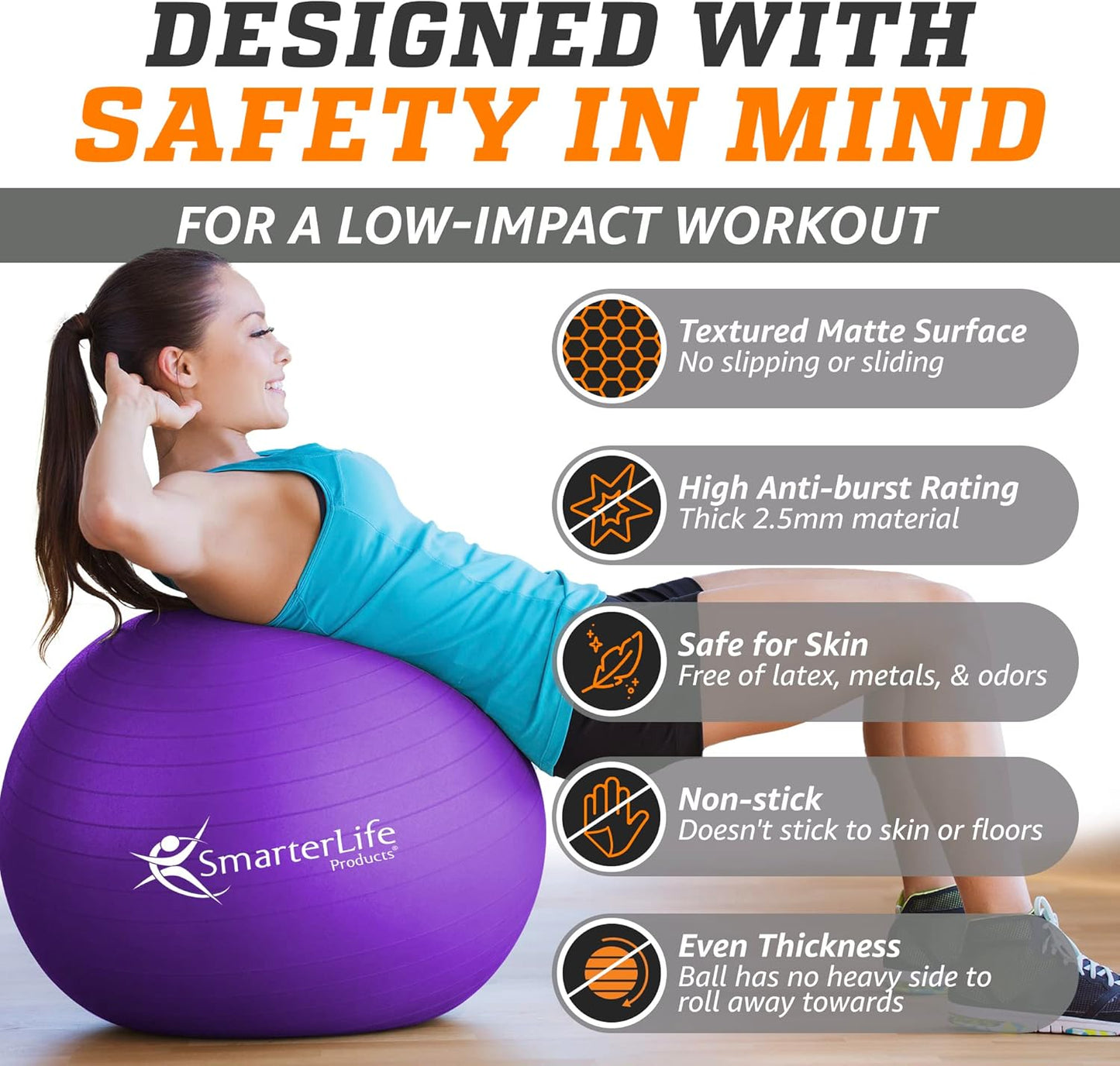 SmarterLife Yoga Ball - Fitness & Stability Exercise Ball for Core Workouts | Anti-Burst Design