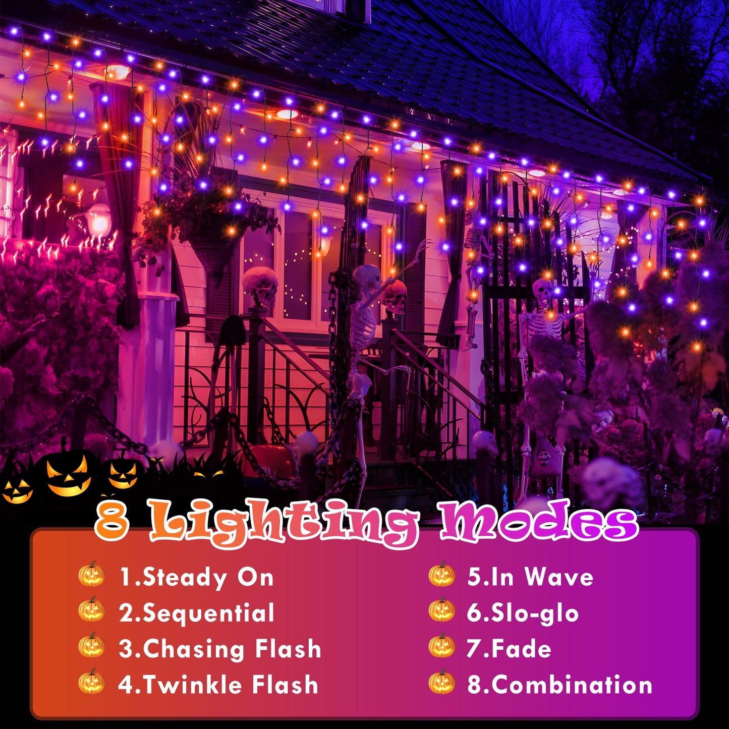 Heceltt Halloween Lights Outdoor, Orange and Purple 39FT 480LED Halloween String Lights with 90 Drops, 8 Modes Timer Memory Function, Night Light for House Roof Party Decor