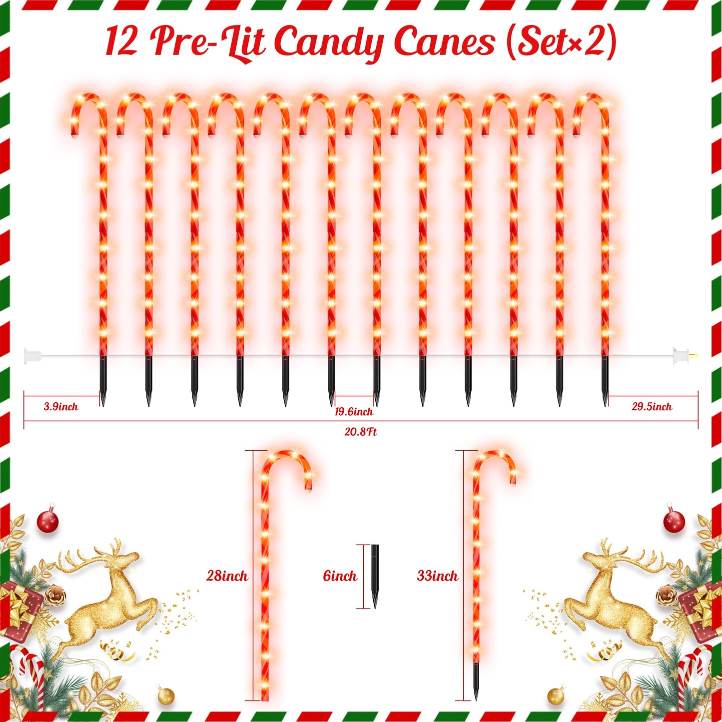 COOLWUFAN 24 Pack Chrismas Candy Cane Lights, 33'' Light Up Candy Cane Chrismas Decoration Outdoor Yard, Waterproof Xmas Outside Decor Pathway Lights