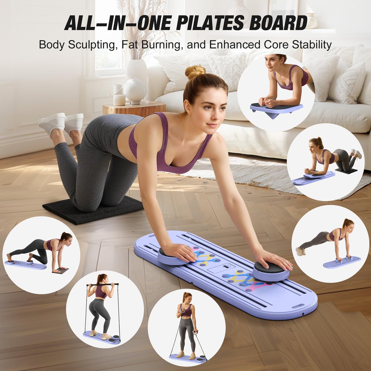 Pilates Board, Pilates Board for Home Workout, 7-in-1 Multifunctional Pilates Reformer Set with Timer, Portable Foldable Equipment for Women, Core Strength & Ab Flexibility Training