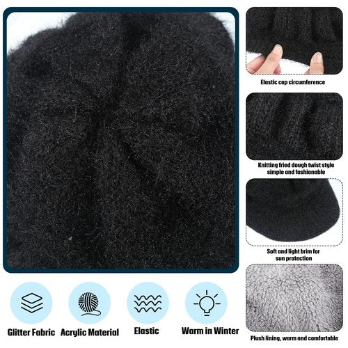 Mepase 3 Pieces Women Warm Hat for Winter Slouchy Beanie Cap with Visor Knitted Newsboy Hats for Women Ski Snow(Burgundy, Gray, Black)