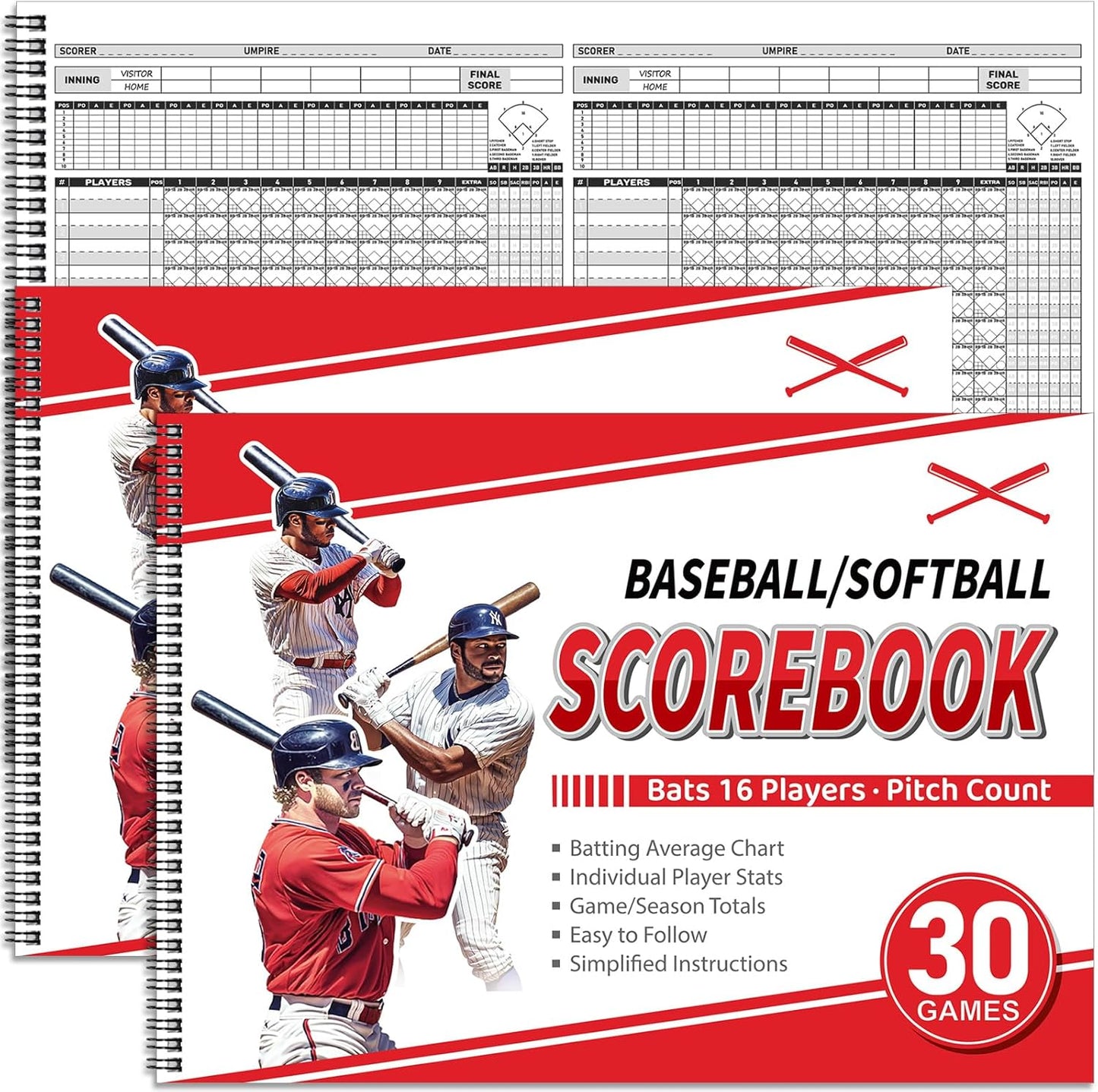 Regine Switzerland Baseball Scorebook - 2 Pcs Side by Side Design for 30 Games | 11.5x16 Size