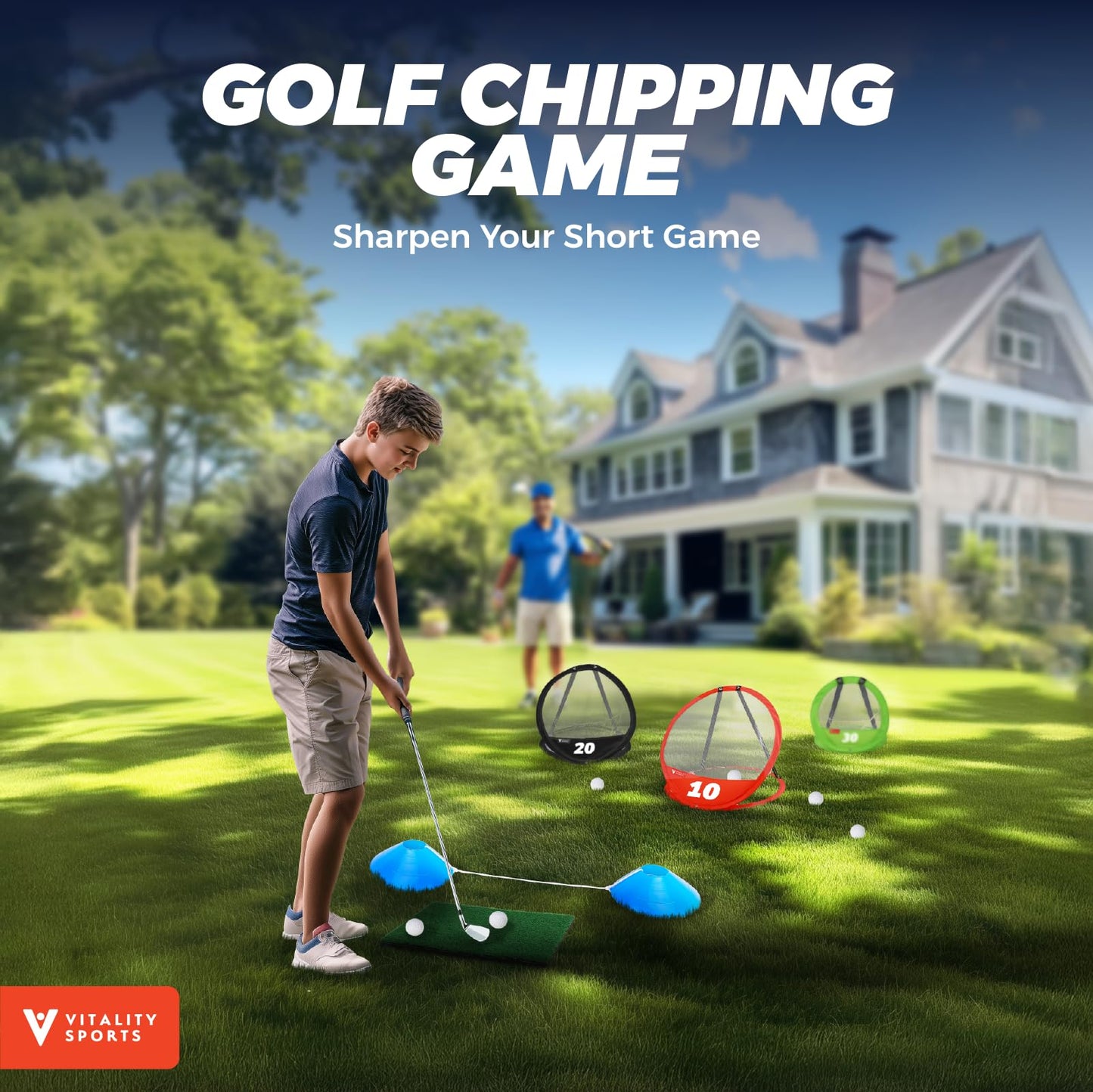 Vitality Sports Golf Chipping Net, 3PCS Pop-Up Golf Practice Net for Backyard, Indoor Outdoor Chipping Game with 3 Targets, 1 Hitting Mat, 20 Balls, Tee Box, Golf Gift for Men