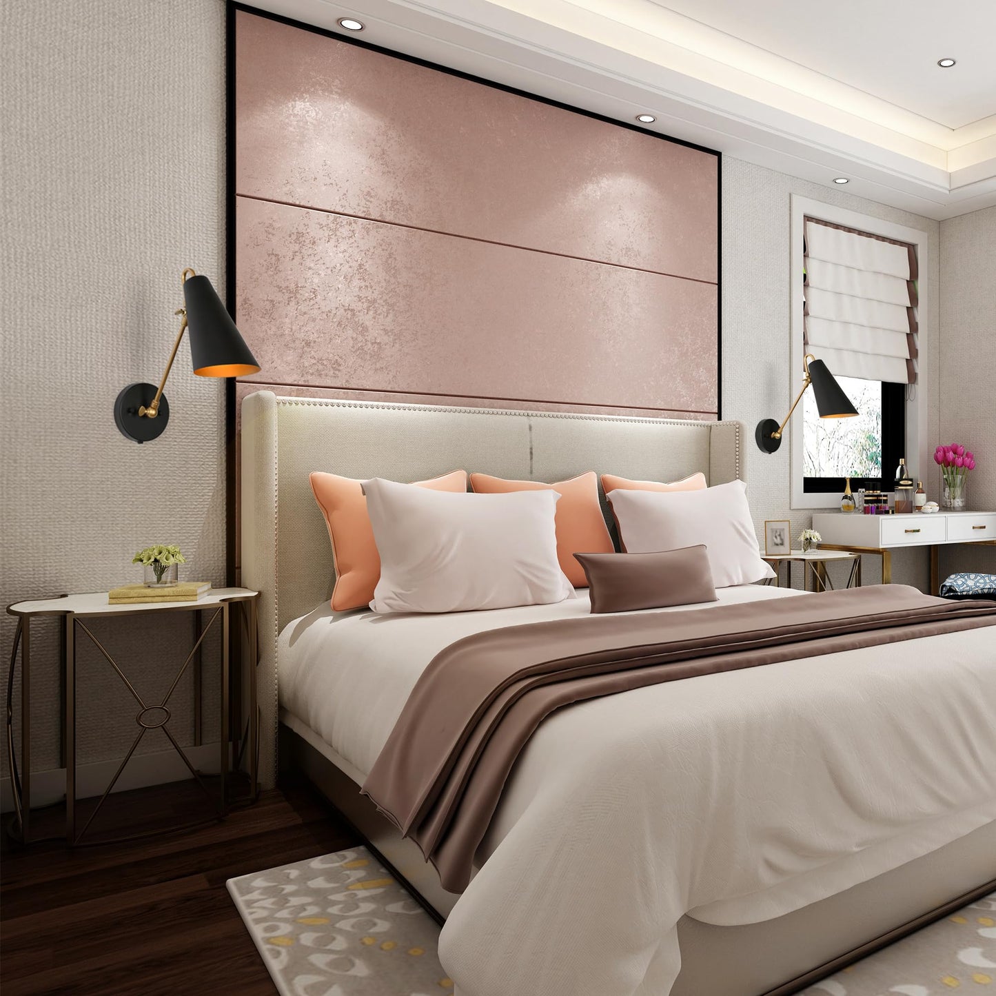 KSANA Swing Arm Wall Lamp, Black and Gold Plug in or Hardwired Wall Sconces, Modern Adjustable Arm Light Fixture with On/Off Switch for Bedroom, Kitchen, Hallway and Living Room