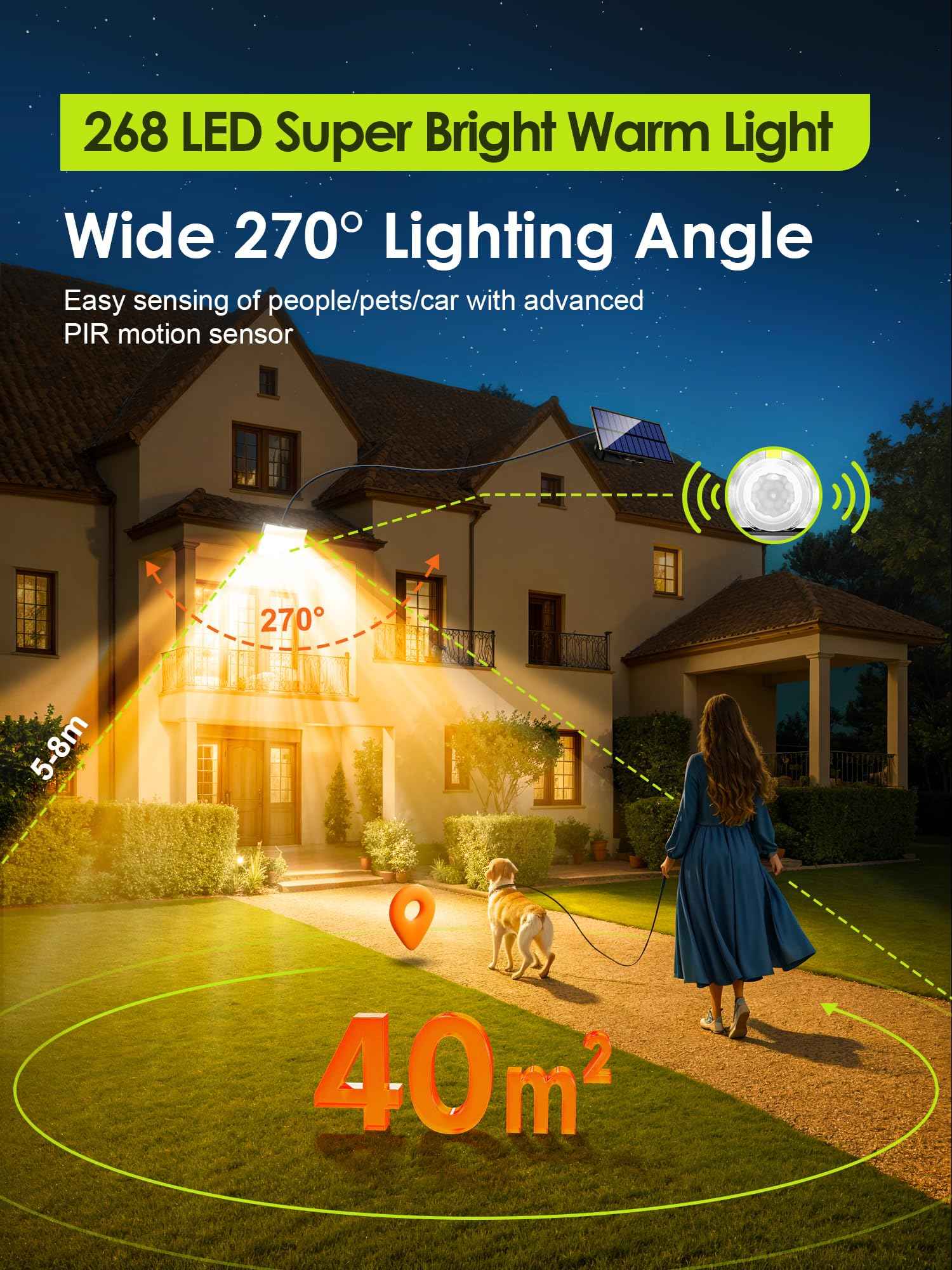 Solar Flood Lights Outdoor, [3000K Warm Color/268LED/7M/5 MODES/1PCS] Solar Motion Lights Outdoor Waterproof, Remote+IP65 Focos Solares para Exteriores Luces Solares para Patio