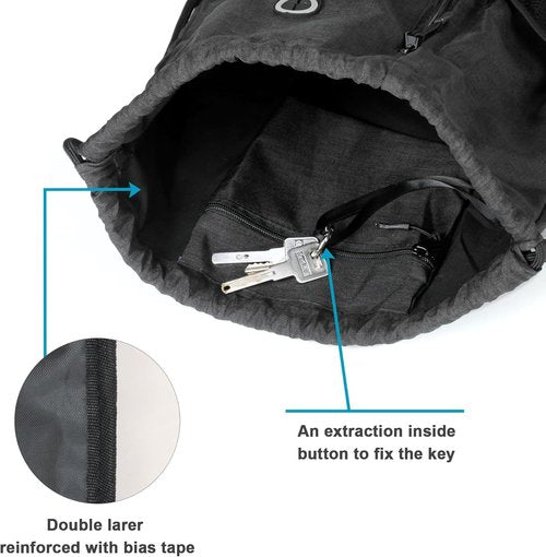 BeeGreen Black Drawstring Gym Bag - Large Sports Backpack with Water Bottle Pocket & Front Zippered Pocket