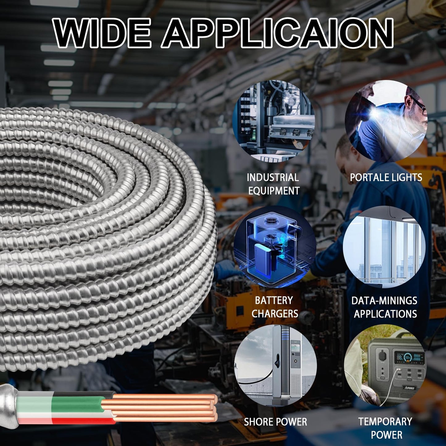 14/3 Metal Clad (MC) Cable with Ground 75ft, 14 Gauge Electric Wire with Aluminum Armor, Solid Bare Copper Conductors for Indoor Outdoor Underground Embedded Installation (14/3, 75 ft)