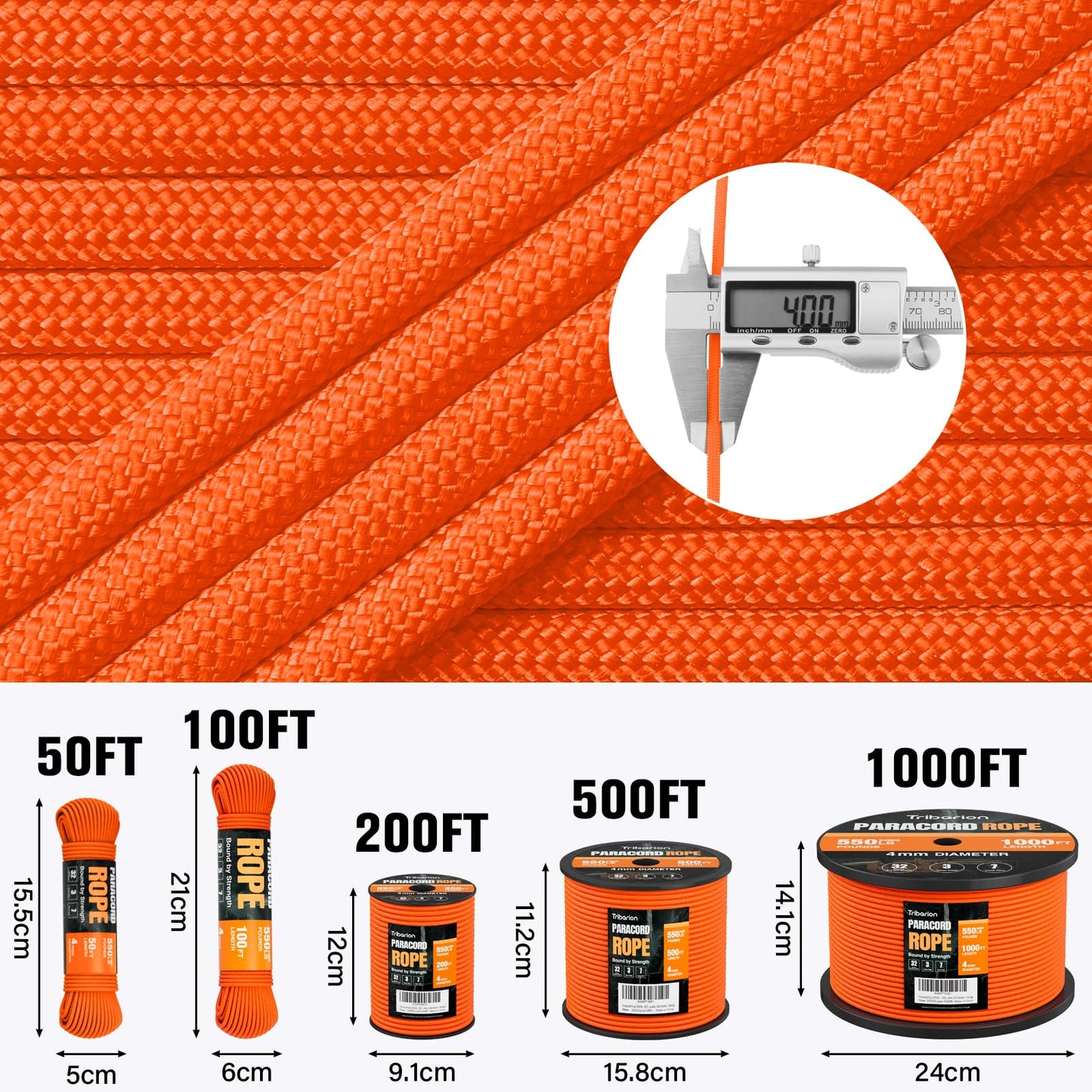 Paracord Rope 550 lb - 1000ft 5/32" Parachute Cord 4MM 7-Strand para Cord - Heavy Duty Spool String for Survival,Camping Gear, Survival Bracelet, Clothesline - Orange