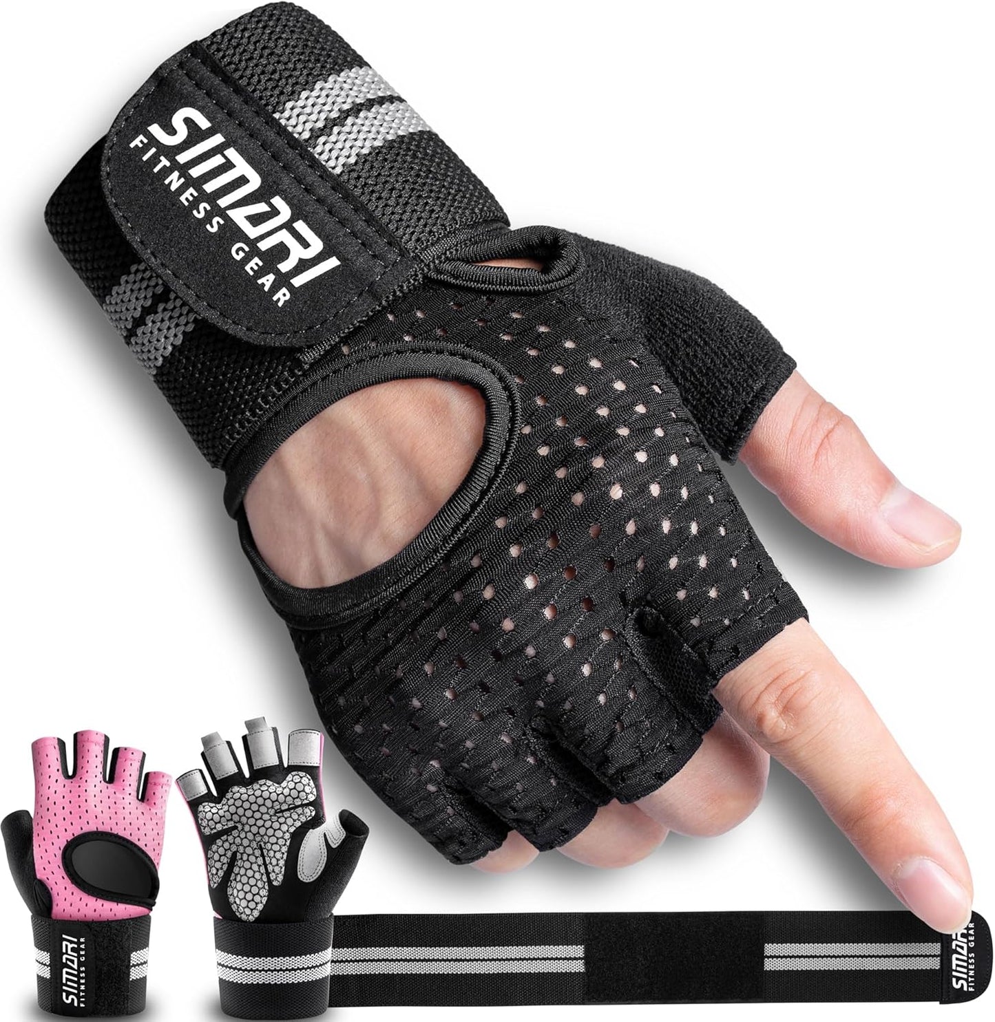 SIMARI Workout Gloves - Breathable Padded Weight Lifting Gloves with Wrist Wraps | Full Palm Protection, Fingerless, Black