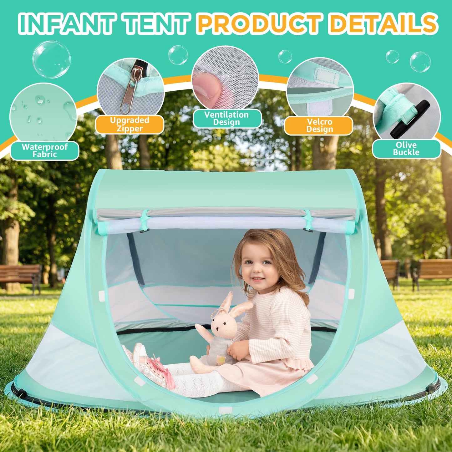 Techip Baby Beach Tent, Pop Up Beach Tent Sun Shade for Beach, UPF 50+ UV Protection Sun Shelters for Infants with Carry Bag for Outdoor Travel, Camping(Green)