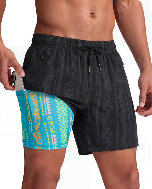 maamgic Mens Swim Trunks with Compression Liner 5 Inch, Quick Dry Bathing Suit with Zipper Pockets, Stretch No-Chafing Swim Shorts, Black-Legendary Dragon Large