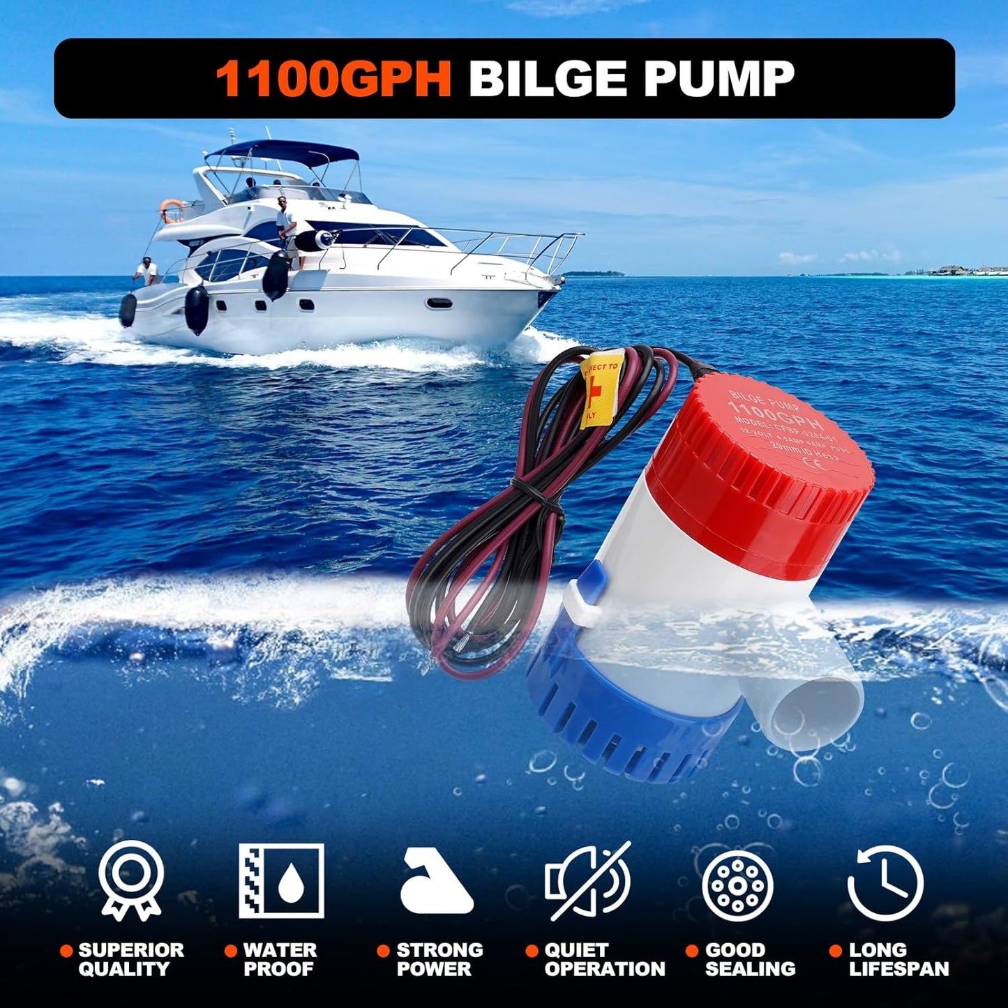 1100 GPH Boat Bilge Pump - 12V Plumbing Kit with 6FT Hose & Clamps | Ideal for Fishing Boats & Yachts