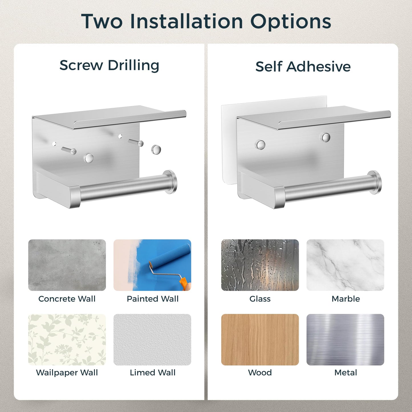 FORIOUS Toilet Paper Holder with Shelf, Adhesive or Screw Wall Mount Toilet Roll Holder for Bathroom, Rustproof 304 Stainless Steel Commercial Toilet Tissue Holder with Phone Shelf, Brushed Nickel