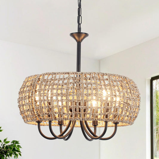 BYKWRTV 6-Light Rattan Chandelier Light Fixture, 18.11'' Wicker Chandelier Boho Kitchen Light Fixtures, Rattan Pendant Light Rustic Farmhouse Chandeliers for Dining Room Living Room Foyer